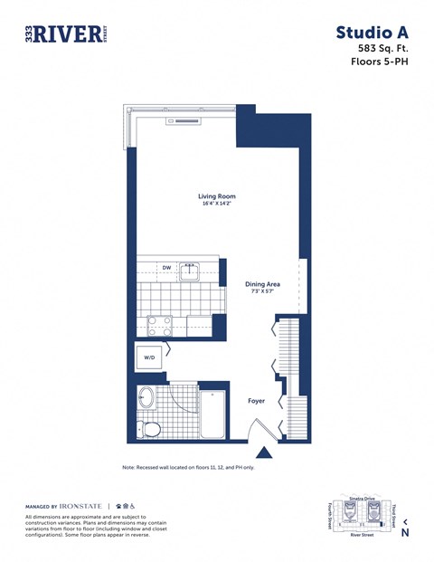 Floor plan for studio, 1 bath, 583 sqft